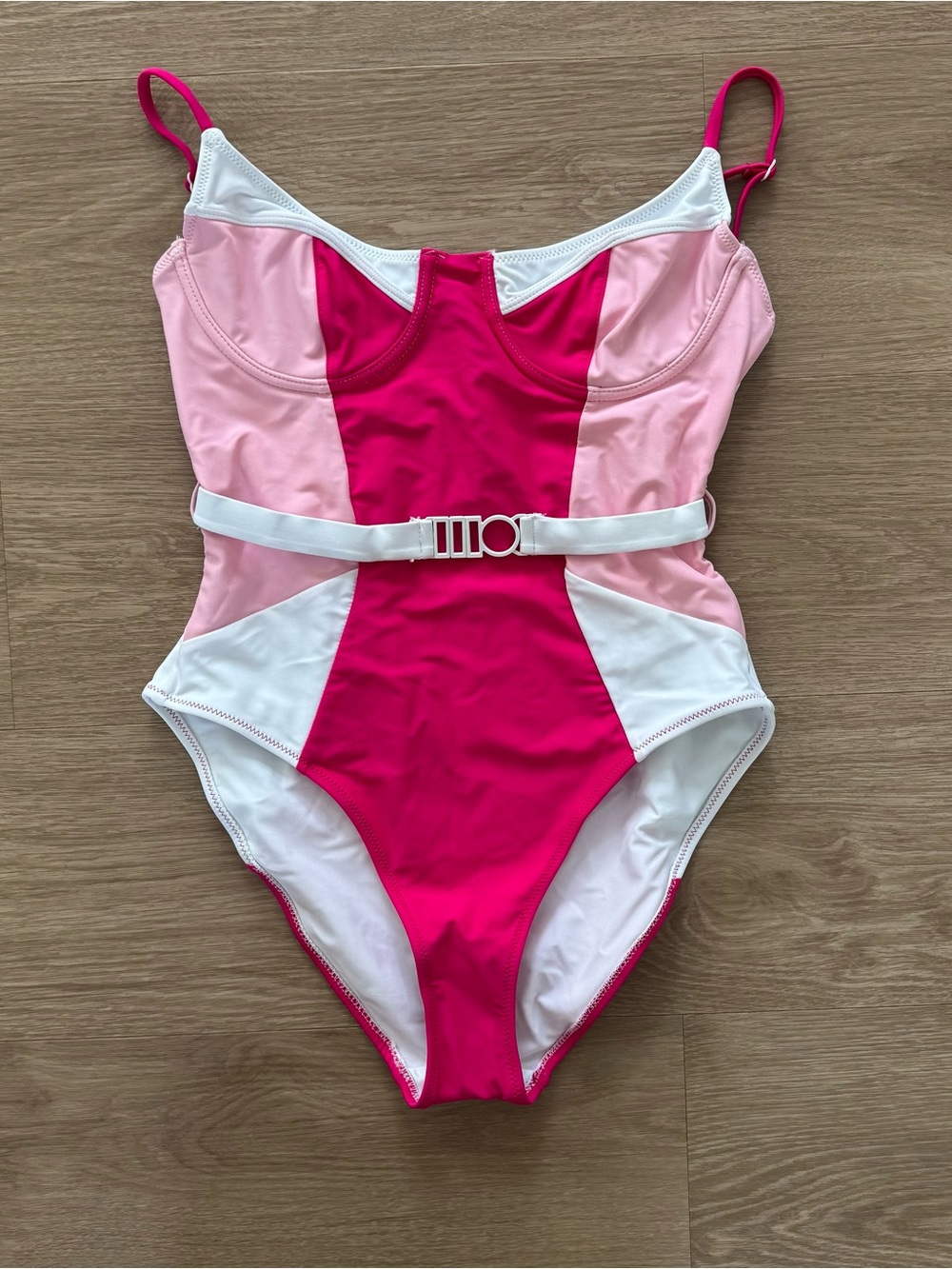 SOLID & STRIPED Girls' Pink Colorblock One-Piece Swimsuit with White Belt